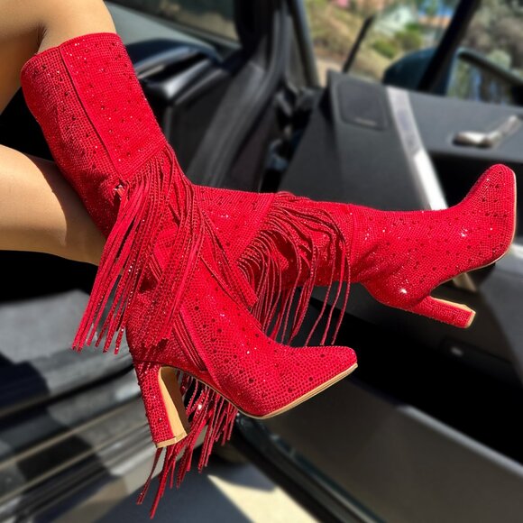 New Red Rhinestone Crystal Fringe Western Cowboy/Cowgirl Boot Knee High Heel Zip - Picture 1 of 7